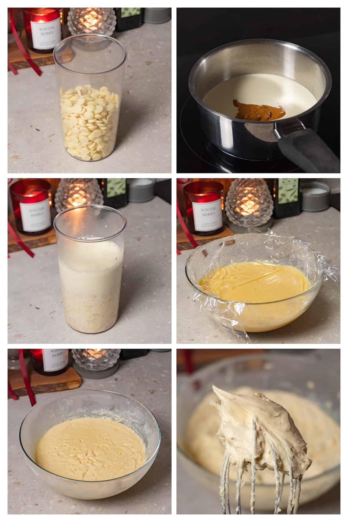 A collage image shows how to make peanut butter ganache in 6 steps.