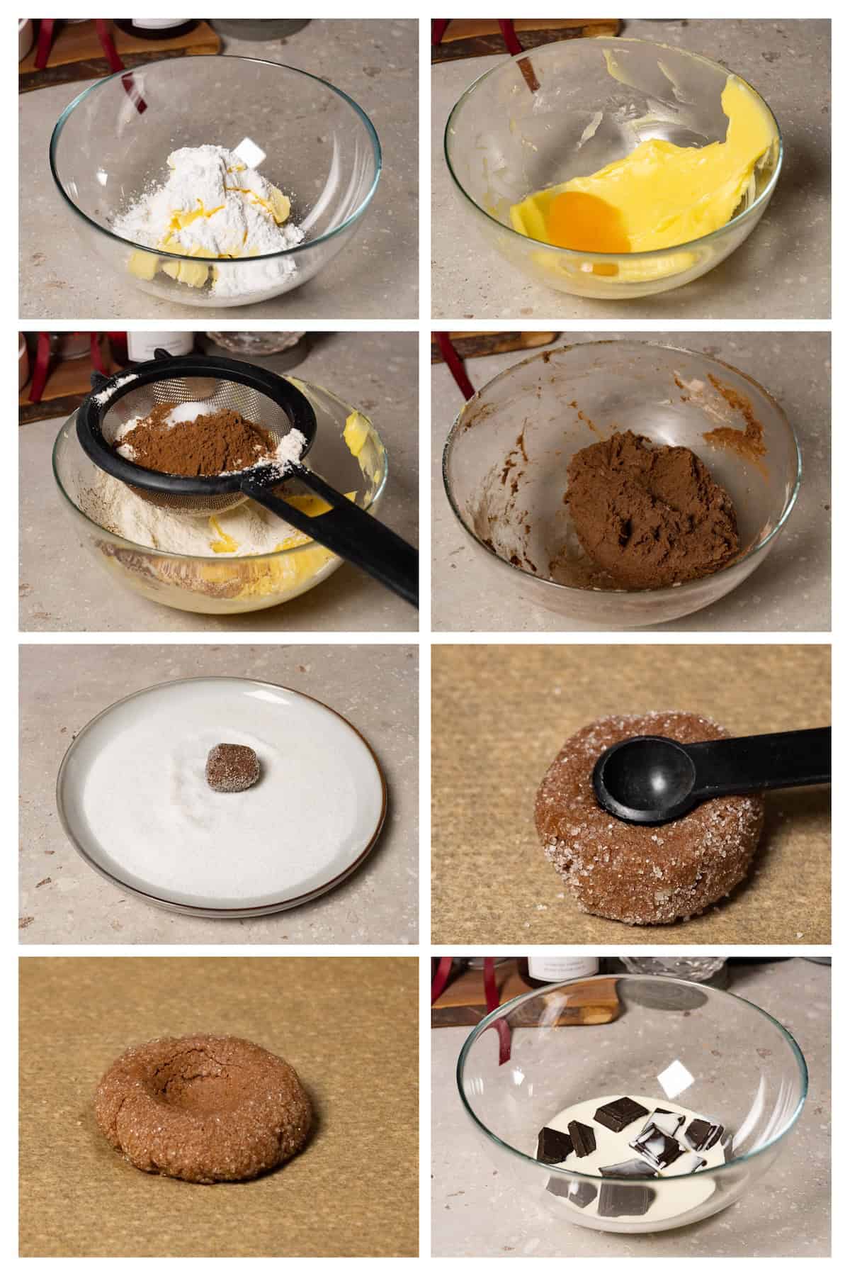 A collage image shows how to make chocolate thumbprint cookies in 8 steps.