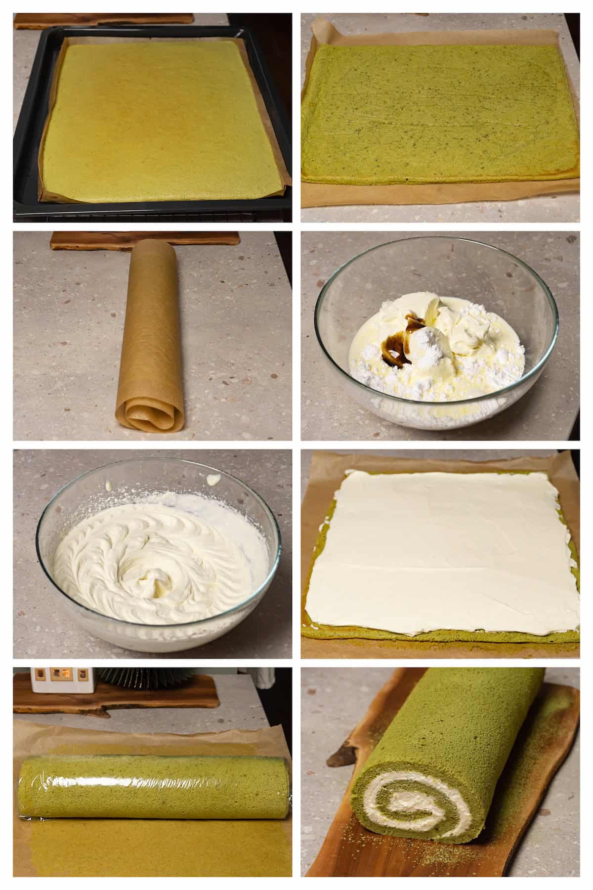 A collage image shows how to make a cream cheese filling and assemble a matcha roll cake in 8 steps.