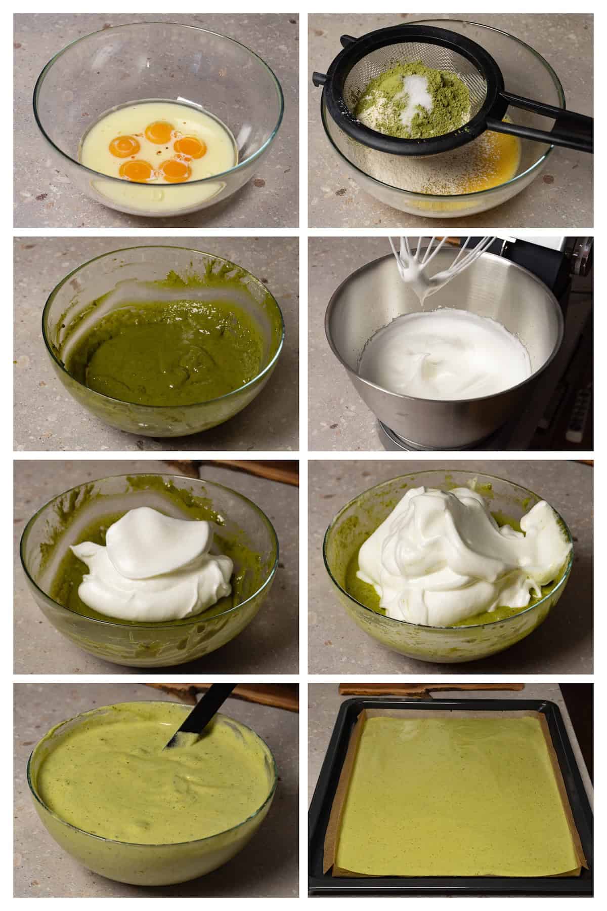 A collage image shows how to make matcha sponge cake in 8 steps.