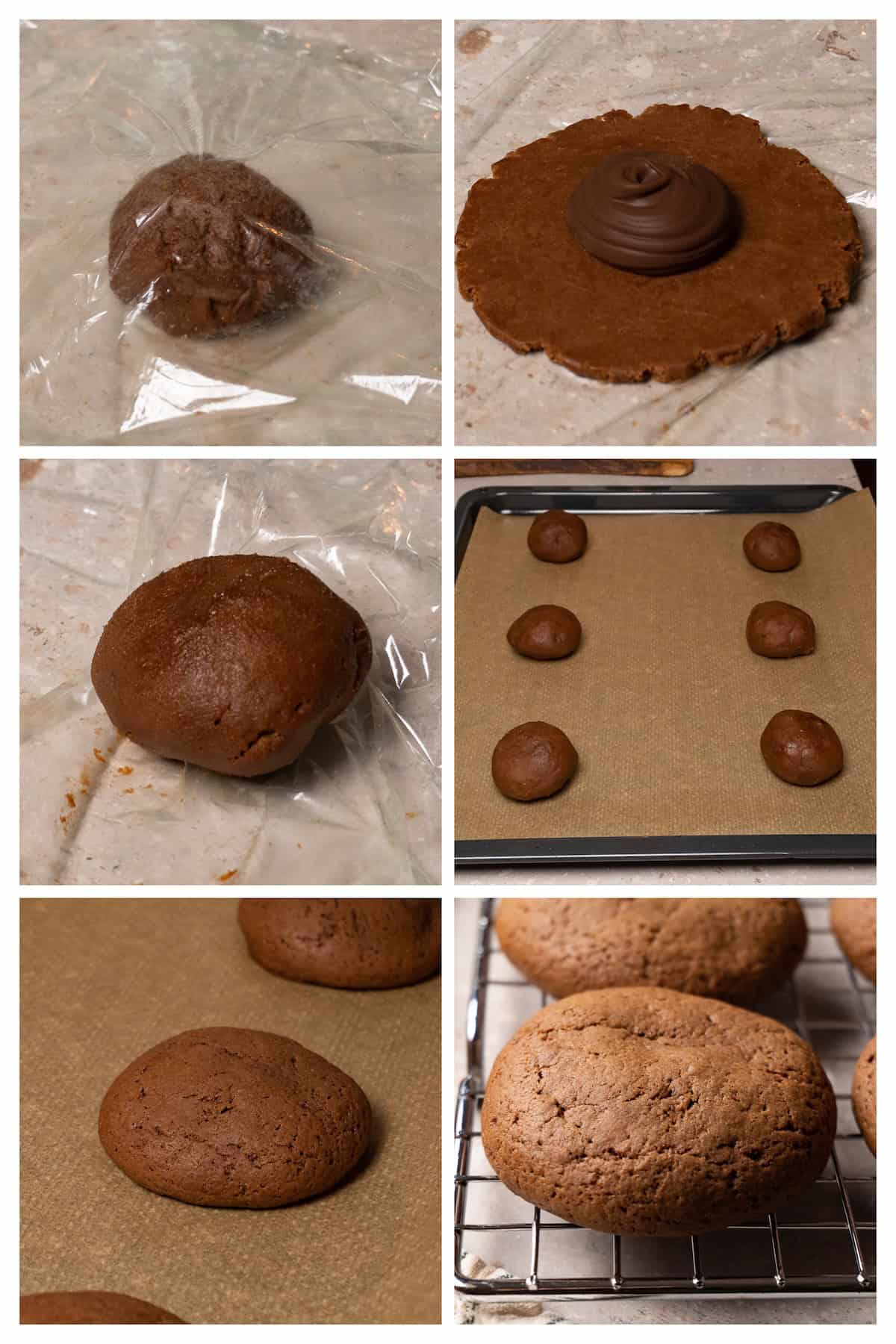 A collage image shows how to assemble chocolate cookies stuffed with Nutella and bake them in 6 steps.
