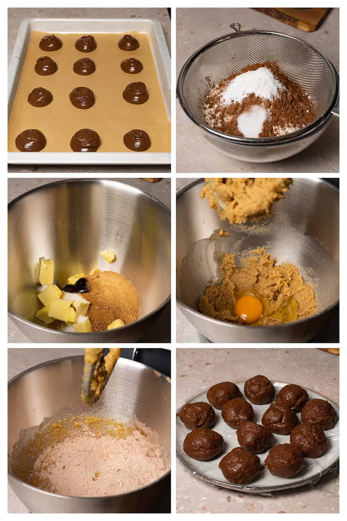A collage image shows how to make chocolae cookie dough and Nutella filling in 6 steps.
