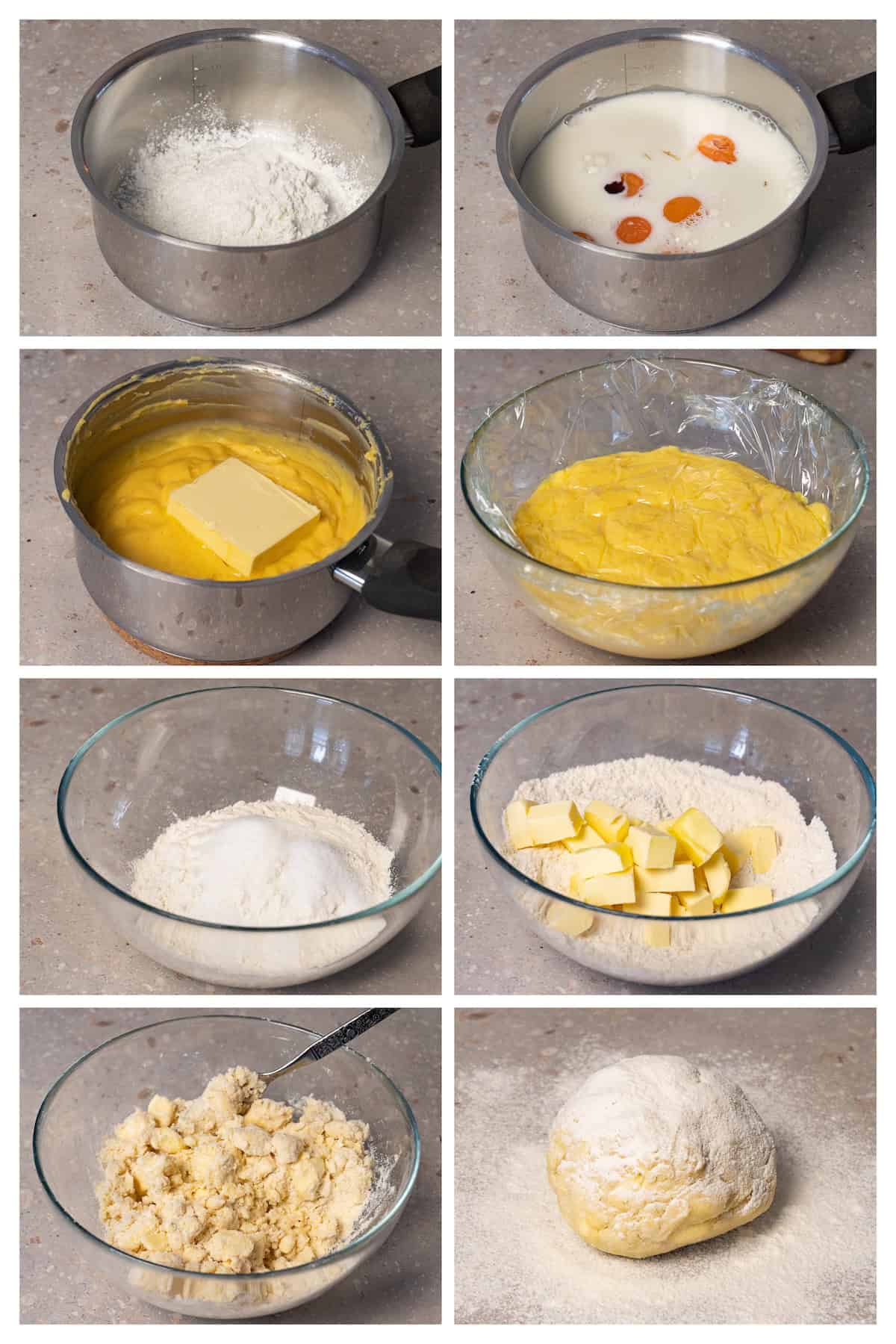 A collage image shows how to make pastry cream and rough puff pastry in 8 steps.