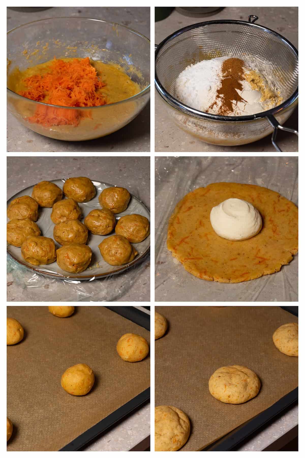 A collage image shows how to assemble and bake cookies with cream cheese filling in 6 steps.