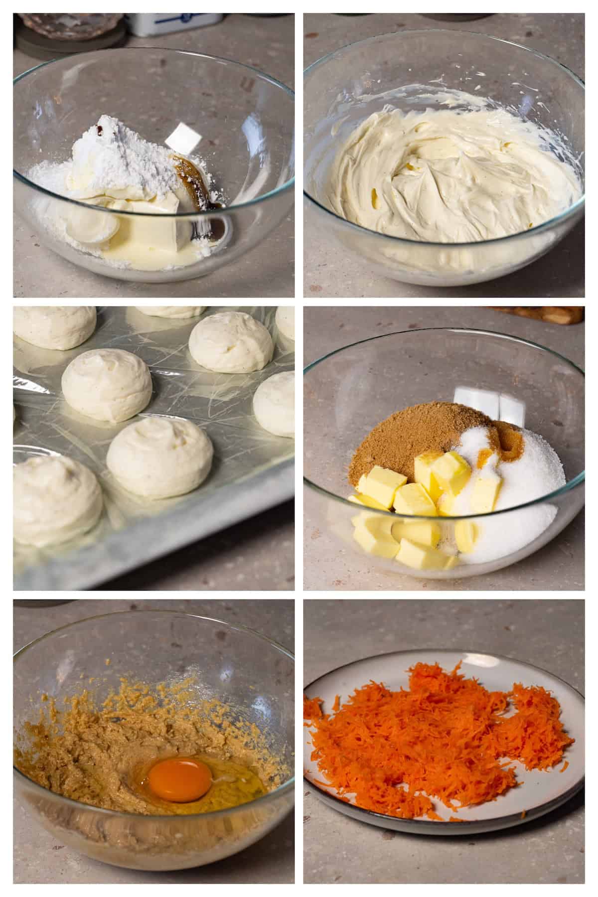 A collage image shows how to make a cookies dough with carrots and cream cheese filling for the cookies in 6 steps.
