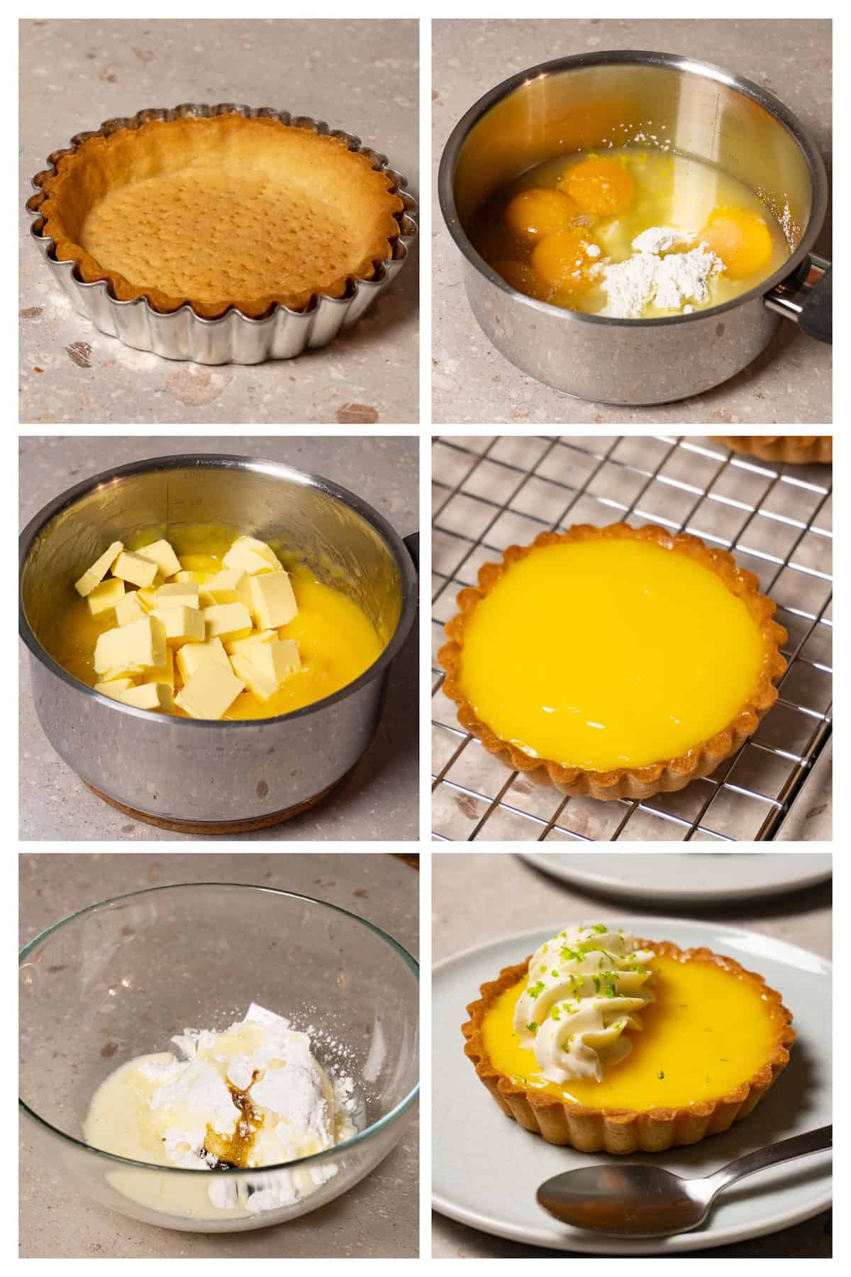 A collage image shows how to make lemon curd and cream cheese frosting, and how to assemble lemon tarts in six steps.