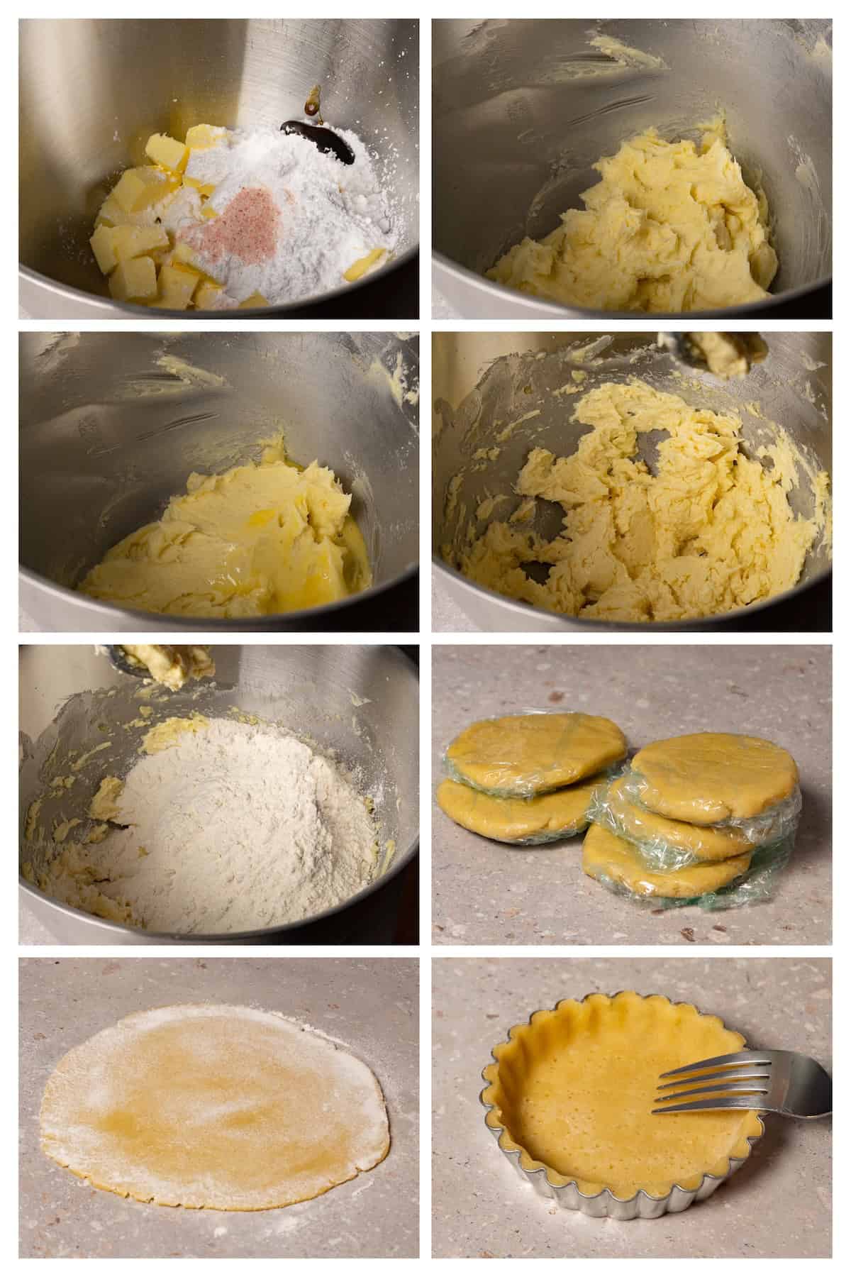A collage image shows how to make tart crust dough and place it in a tart pan in eight steps.