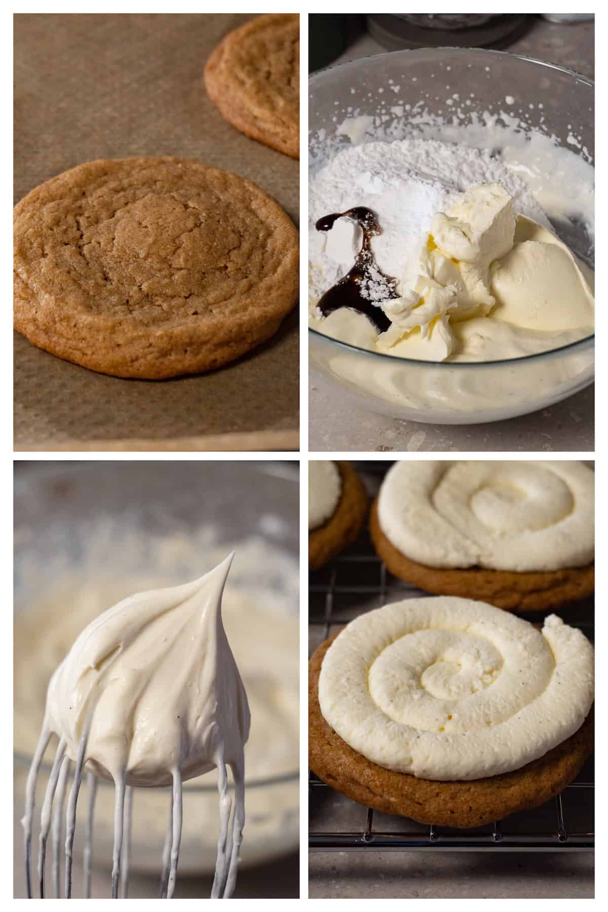A collage image shows how to make the cream and pipe it on top of the cookies in 4 steps.