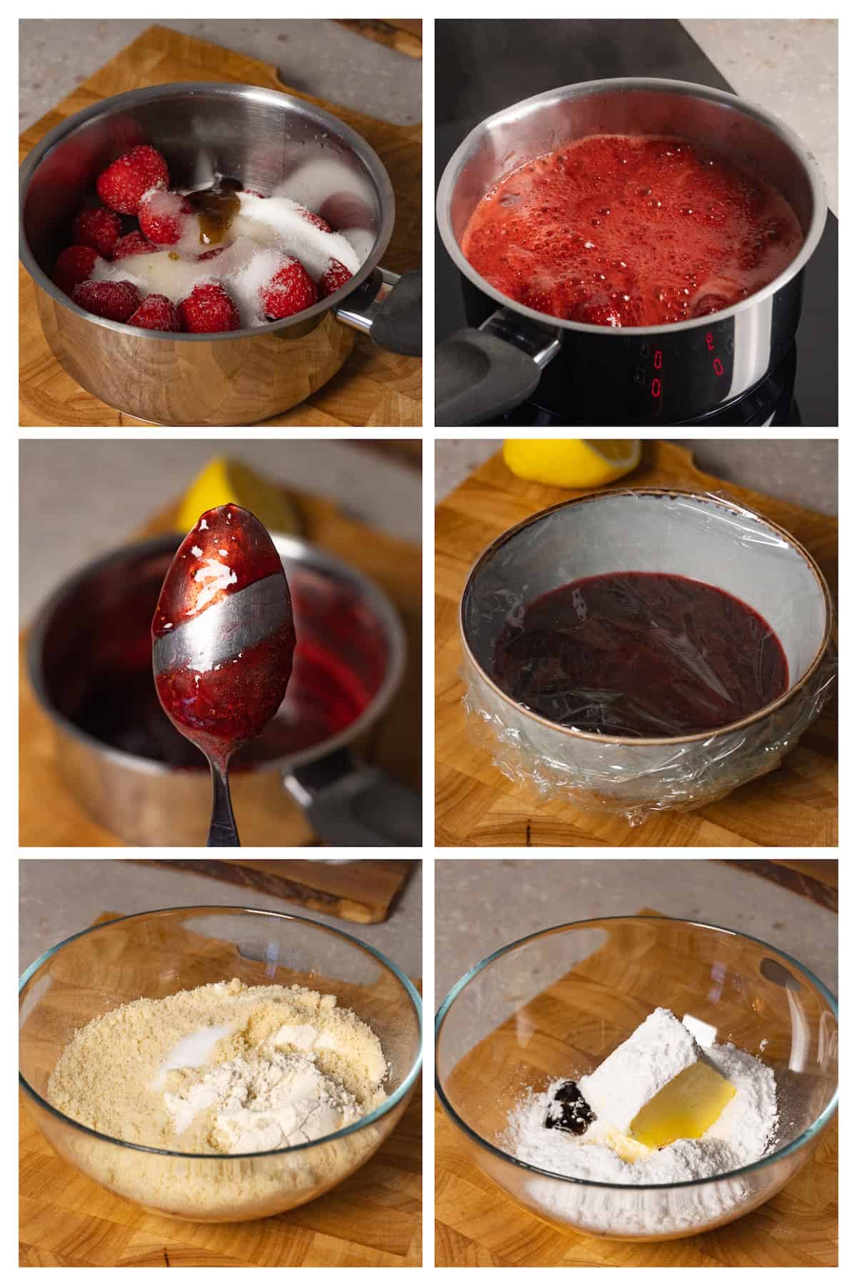 A collage image shows how to make Strawberry jam and cookie dough in six steps.