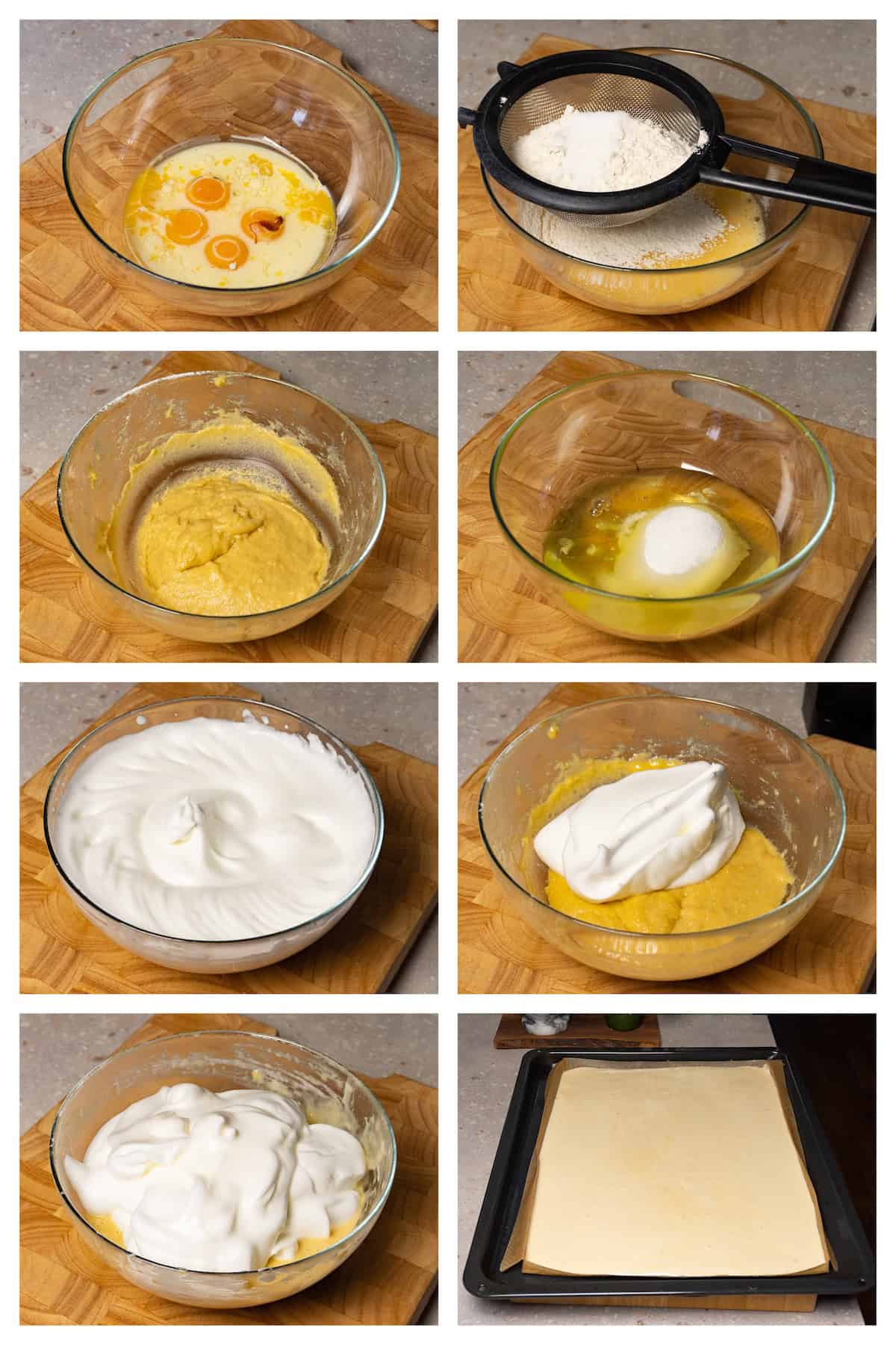 Collage image showing eight steps to make a rectangular white cake sponge.