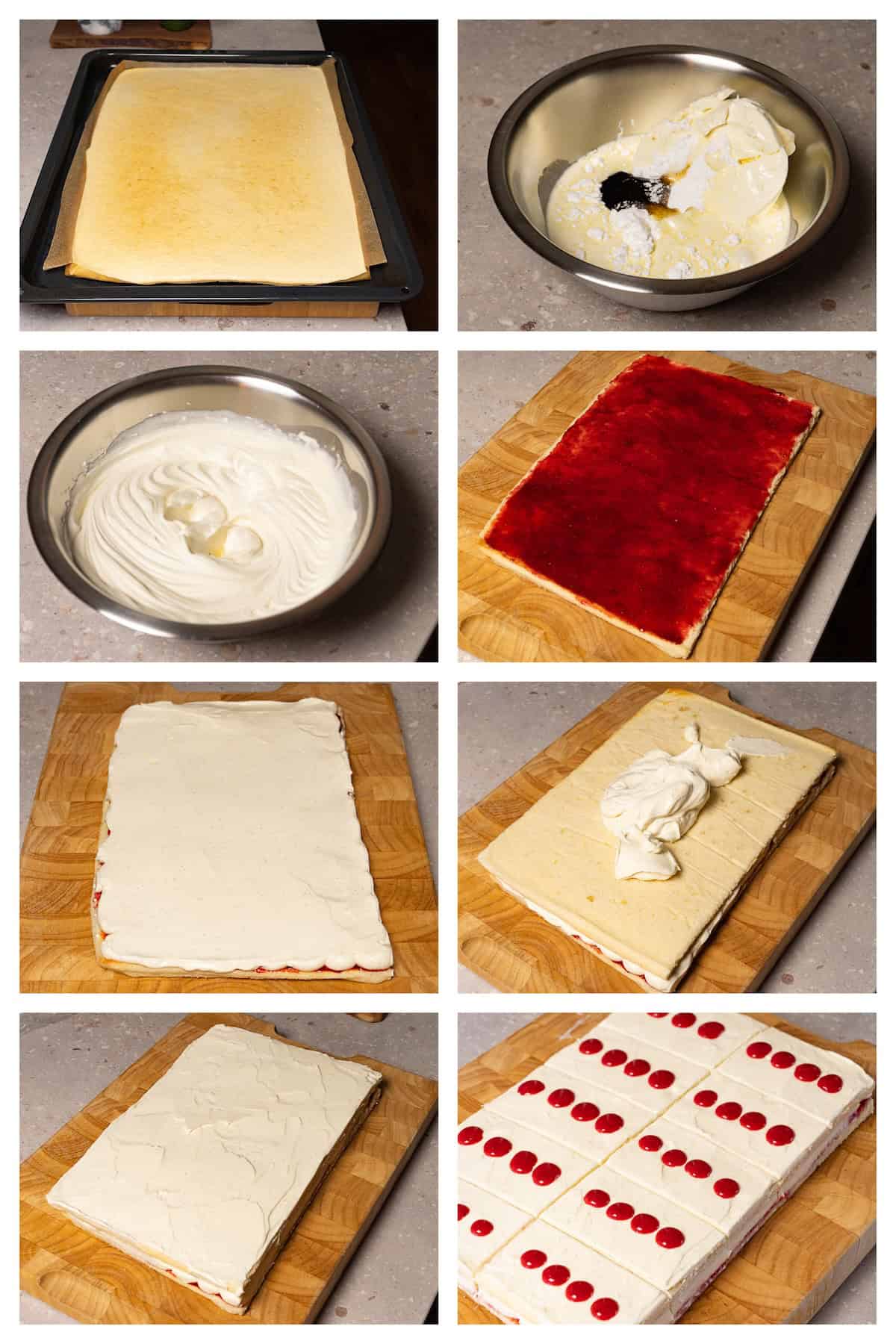 Collage image showing eight steps to assemble a cake with white cream and strawberry jam filling.