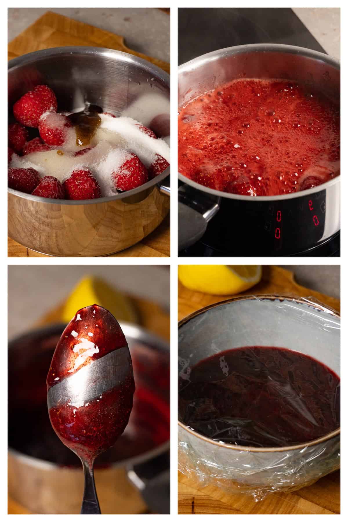 Collage image showing four steps to make strawberry jam.