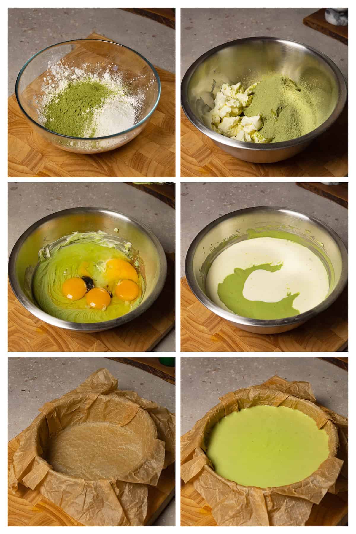 Collage image showing six steps to make matcha cheesecake.