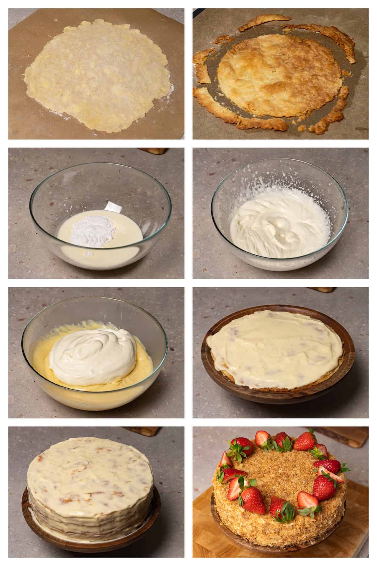 Collage image showing eight steps to bake puff pastry cake layers, mix pastry cream with whipped cream and assemble Napoleon cake.