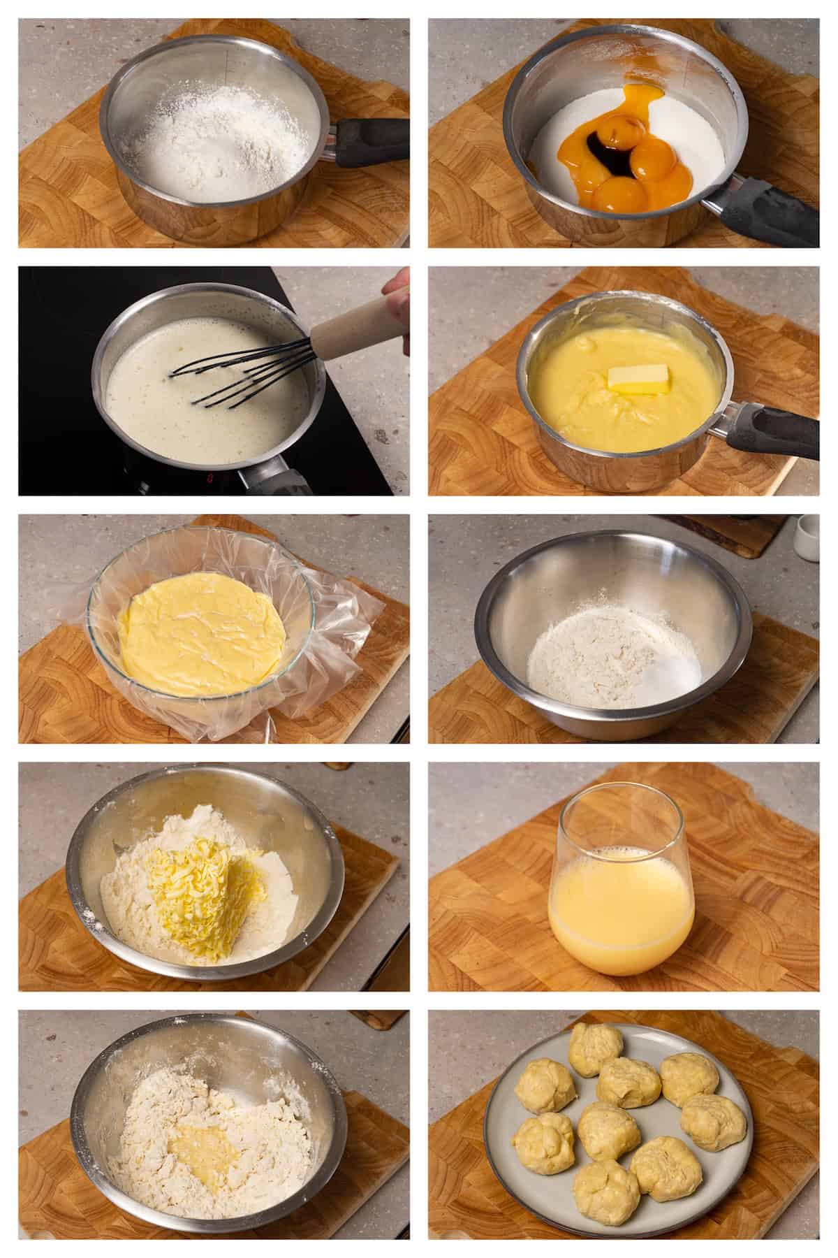 Collage image showing ten steps to make pastry cream and puff pastry for Napoleon cake