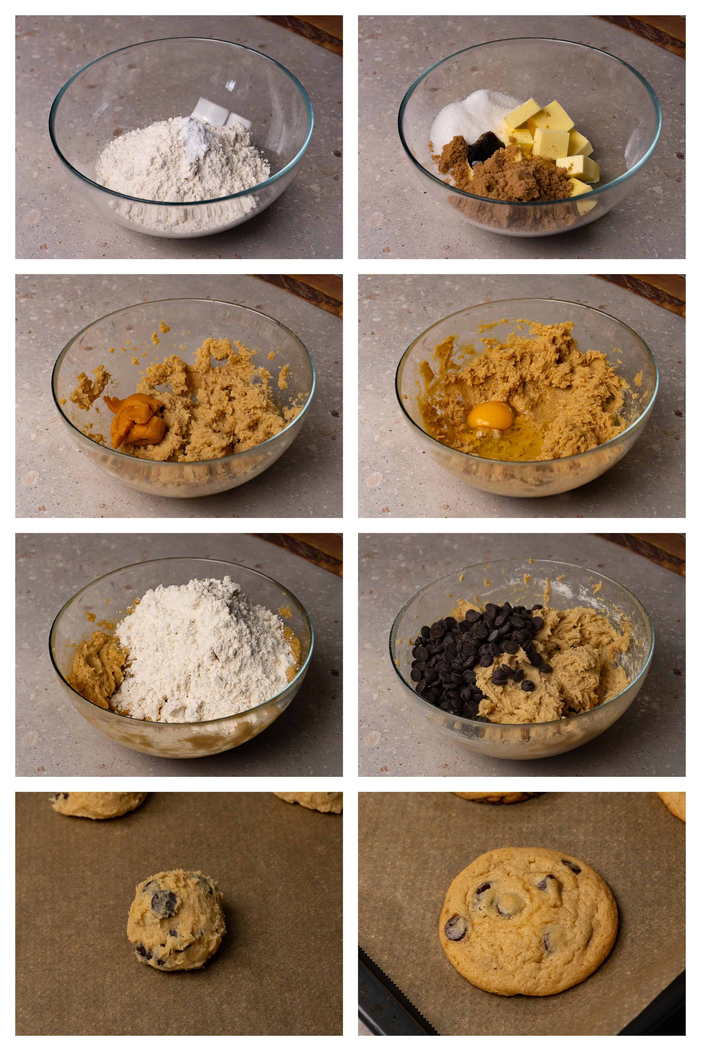 Collage image showing eight steps to make cookies with white miso paste.