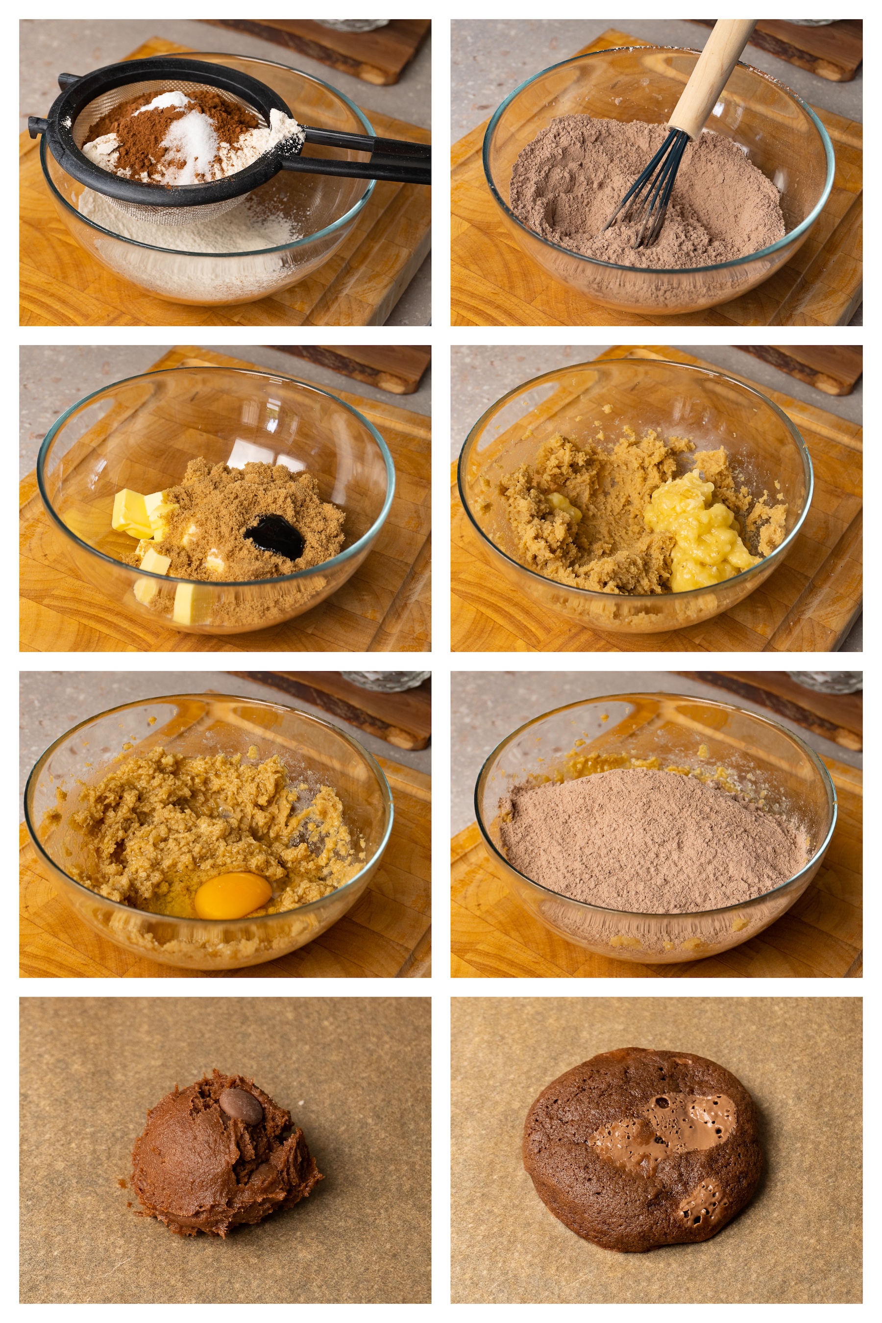 Collage image showing eight steps to make chocolate cookies with banana and chocolate chips.