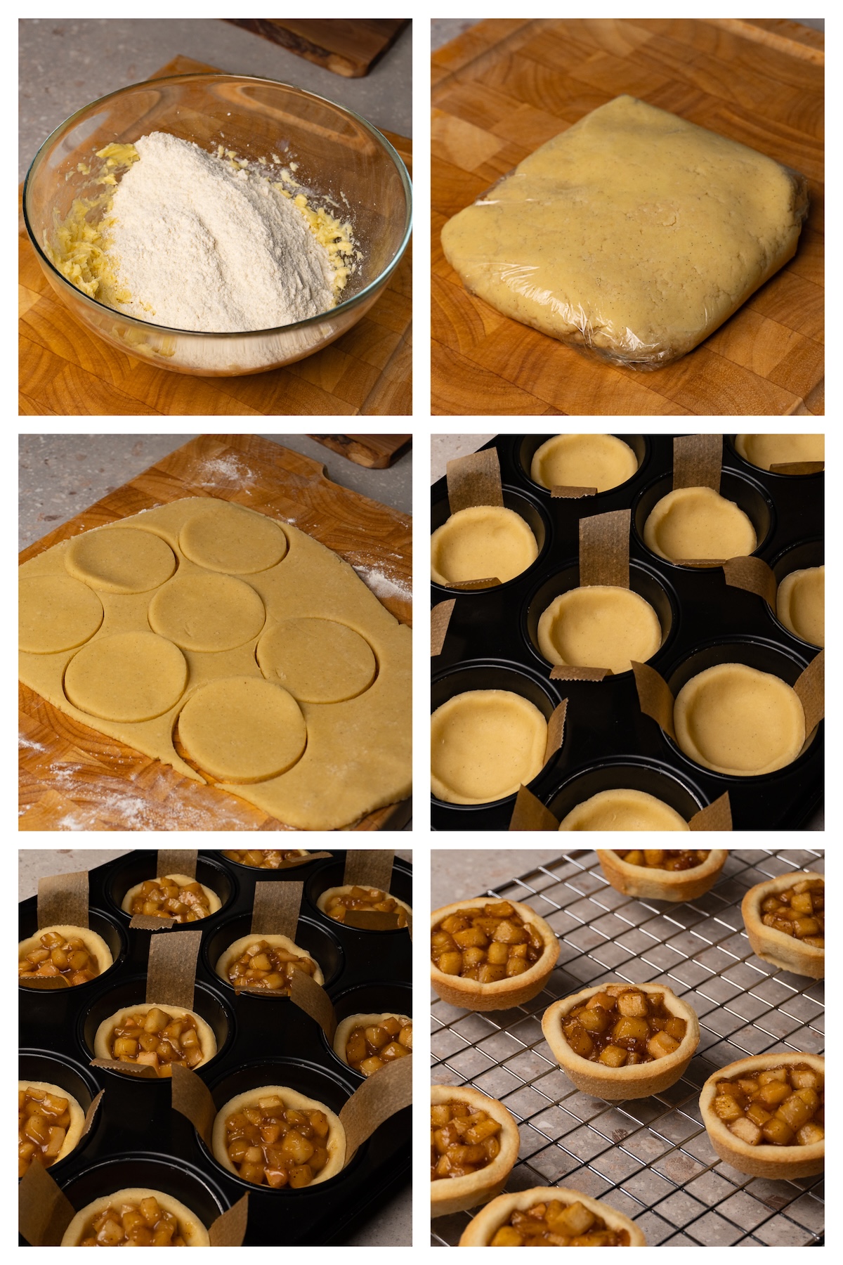 Collage image showing six steps to assemble and bake apple pie cookies.