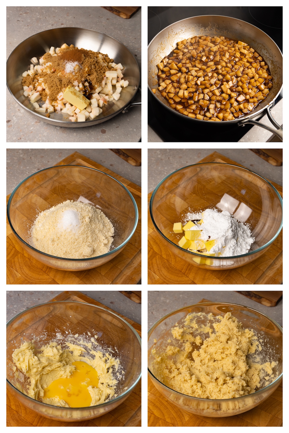 Collage image showing six steps to make the dough and apple filling for the apple cookies.